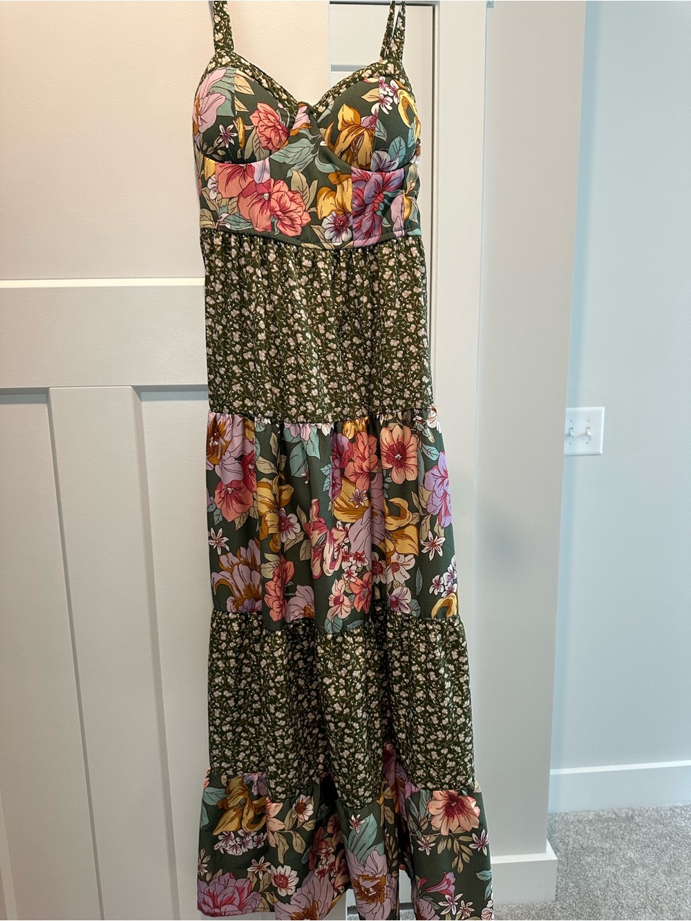 Floral Tiered Maxi Dress in Olive with Pink & Mustard Blooms